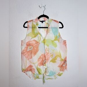 Harve Bernard Tie Front Blouse Size Large Button Down Tropical Floral Pattern